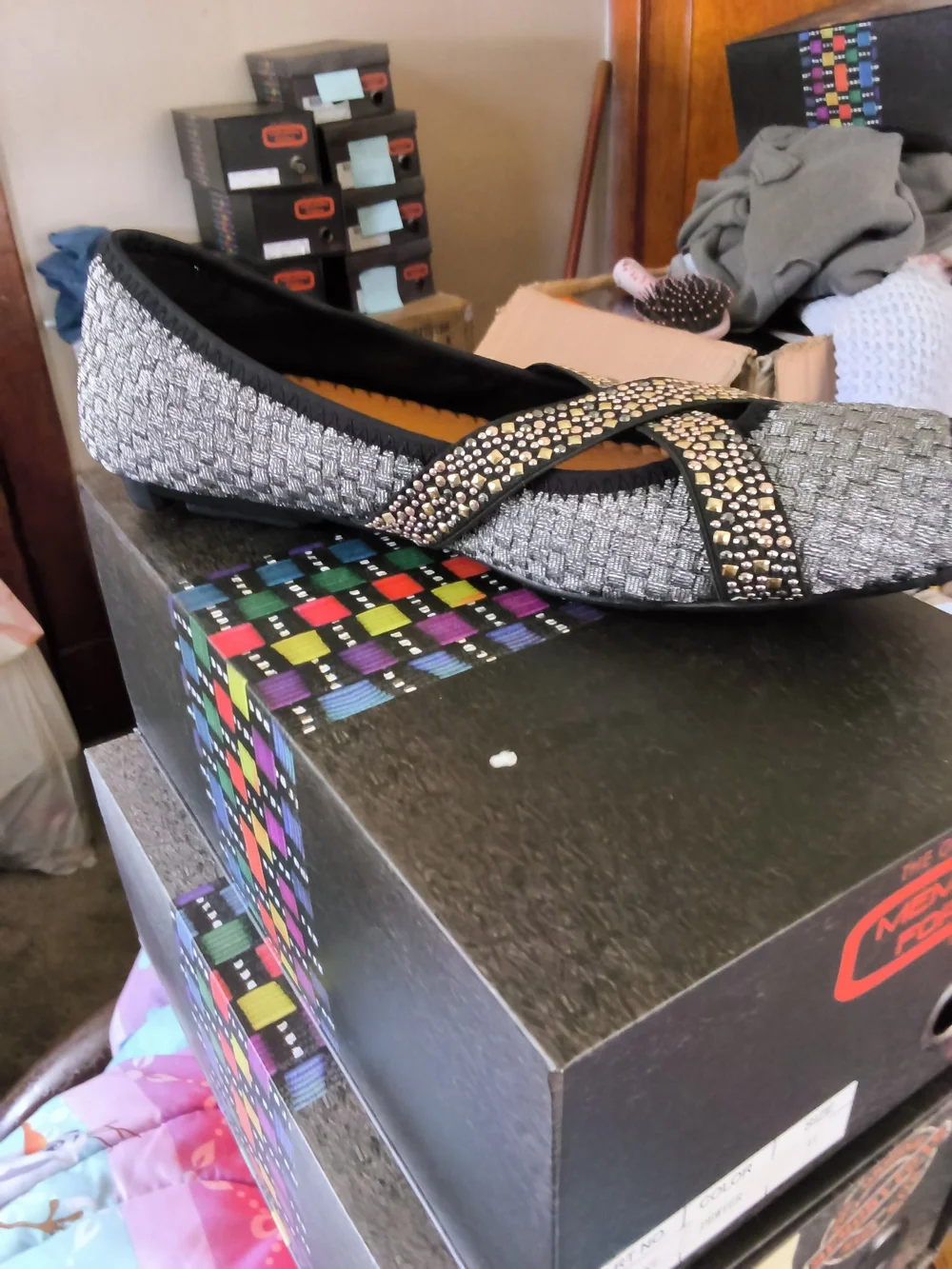 bernie mev. Silver Woven Ballet Flat with Rhinestone Crisscross Strap